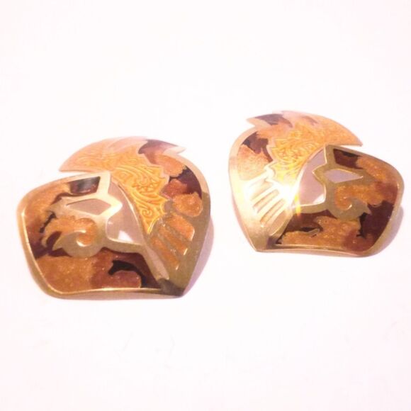 Vintage Berebi Large Gold Tone Enamel Abstract Statement Earrings - Picture 2 of 4